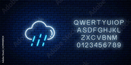 Glowing neon rainy weather icon with alphabet. Rain symbol with cloud in neon style to weather forecast
