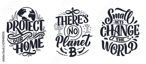 Set with Eco bag prints for cloth design. Retail advertising. Lettering quotes for environment concept. Organic design template. Typography illustration.