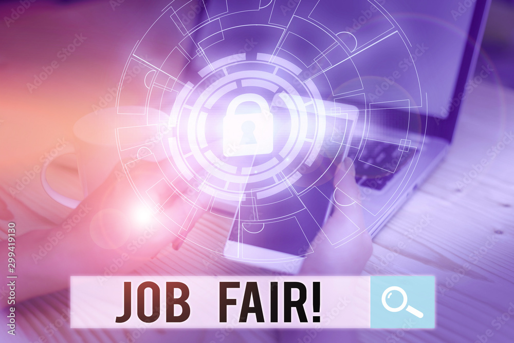 Obraz premium Handwriting text writing Job Fair. Conceptual photo event in which employers recruiters give information to employees Picture photo system network scheme modern technology smart device