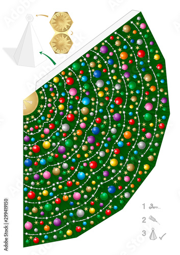 Colorful christmas tree paper model. Creative fun for kindergarten, school or private handicraft lessons - simple template to cut out, fold and glue. Vector illustration on white background.  