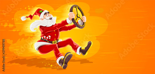 Christmas Santa Claus drives vehicle with wheel of virtual car. High-speed driving to holiday. Cartoon character in red suit with beard as symbol of christmas. Eps10 vector illustration.