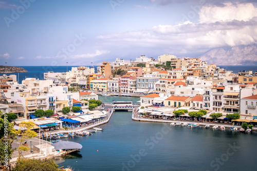 Aerial view to Agios Nikolaos, town on Crete island in Greece.