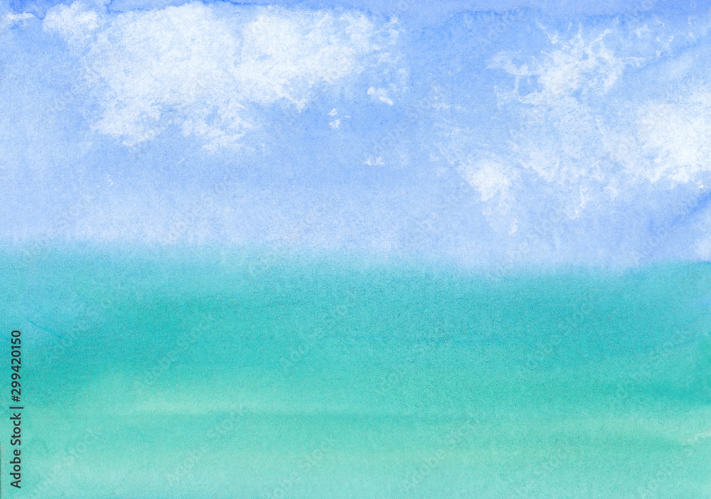 watercolor background with the image of sky with clouds and sea