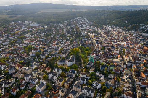 An aerial panorama of Bad Nauheim (Germany) with autumn trees