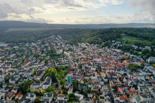 An aerial panorama of Bad Nauheim (Germany) with autumn trees