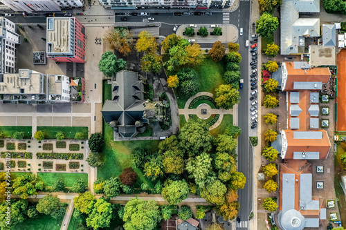 An aerial panorama of Bad Nauheim (Germany) with autumn trees