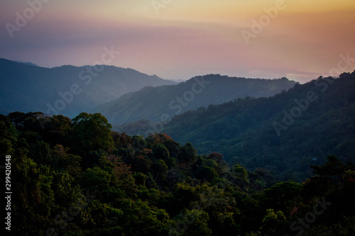 Lush Purple and orange Sunset over the hills in Colombia