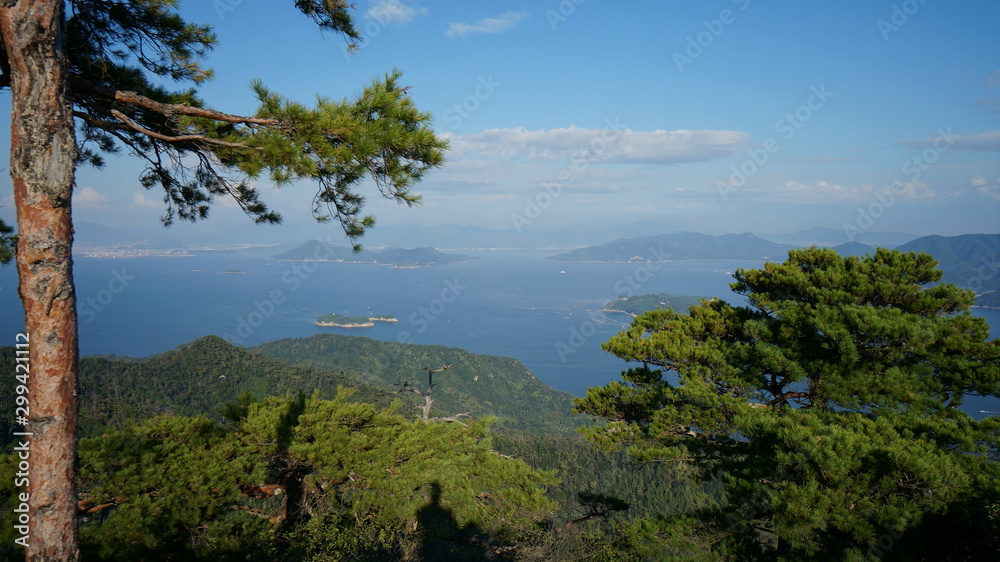 Panoramic view from the top of mountain Misen on Miyajima island in Japan.