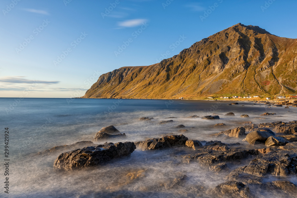 Beautiful view of mountains and beach in Lofoten Islands at sunset