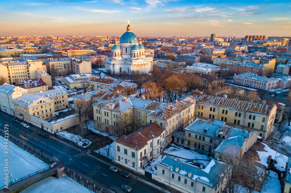 Saint Petersburg. Russia. Trinity Izmailovsky Cathedral. Tours of the cathedrals of Russia. Panorama of the Russian city. Roads of St. Petersburg. Roofs. Petersburg with a quadcopter. Travels