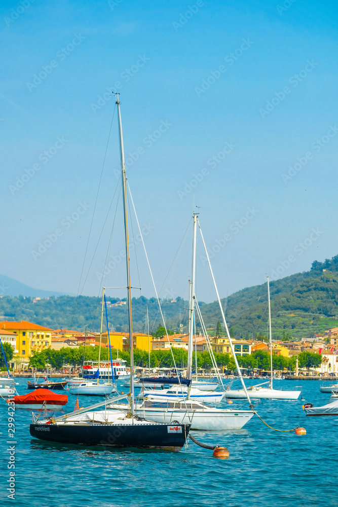 Garda, Italy - July, 20, 2019:  Image of parked motor boats in Italy