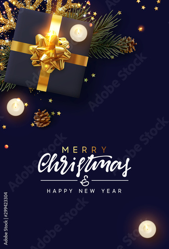 Merry Christmas and Happy New Year. Festive Xmas background with decorative realistic design element. Gift box, decoration glitter gold snowflake, burning candle, pine and spruce branches, gold stars.