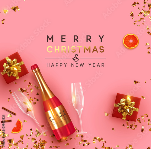 Festive Christmas background. Xmas design with realistic red bottle of champagne and wine, two glasses, sparkling lights garland, gifts box, glitter gold confetti.