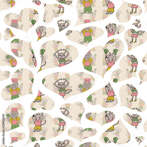 Vector white hearts vertical colorful anthropomorphic cartoon characters seamless pattern background