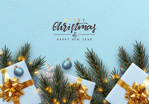 Holiday background Merry Christmas and Happy New Year. Xmas design with realistic festive objects, Pine and spruce branches, sparkling lights garland, gift box, silver snowflake, balls bauble.