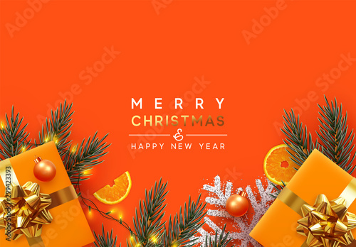 Holiday background Merry Christmas and Happy New Year. Xmas design with realistic festive objects, Pine and spruce branches, sparkling lights garland, gift box, silver snowflake, balls bauble.
