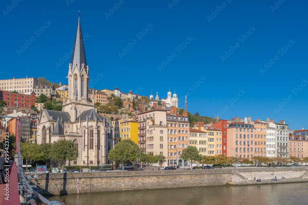 Lyon, France - 10 26 2019: View of Old Lyon from Saint-Georges Footbridge