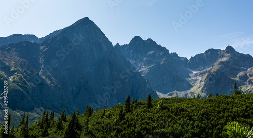 Peaks surrounding a mountain valley. Mountain landscape in summer scenery. Tatra Mountains  Slovakia.