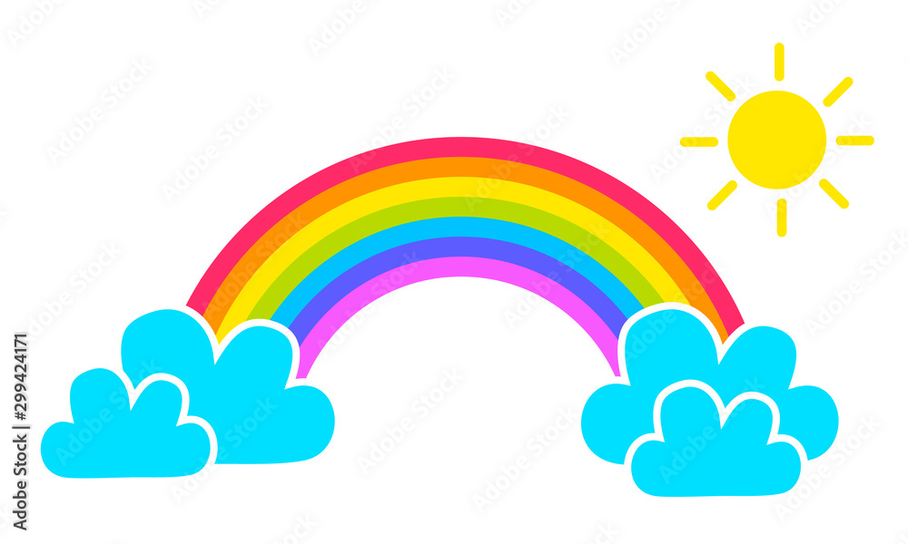 Colorful rainbow icon with cartoon clouds and sun isolated on white  background. Vector EPS10 illustration. Stock Vector | Adobe Stock