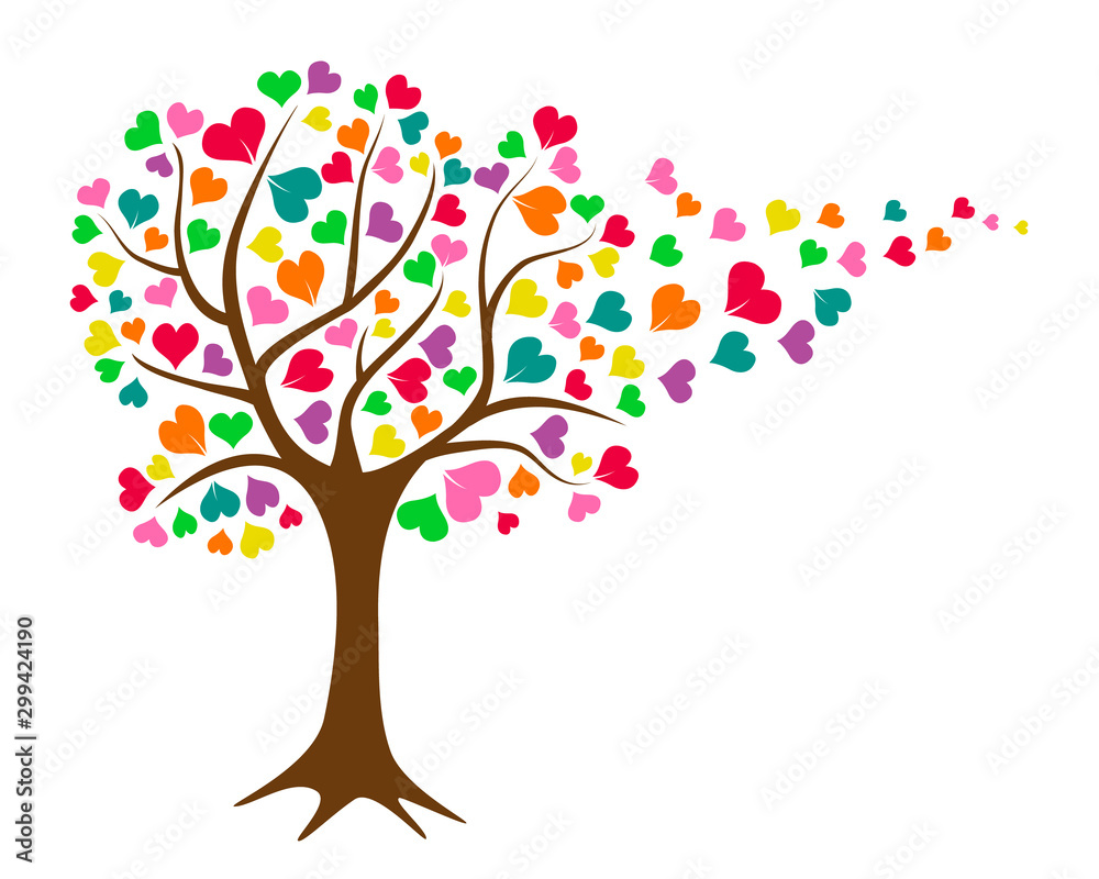 Deciduous tree with colorful heart leaves, red, orange purple, green and yellow, simple flat illustration for Valentine design and love concept logo or icon, eps 10 vector