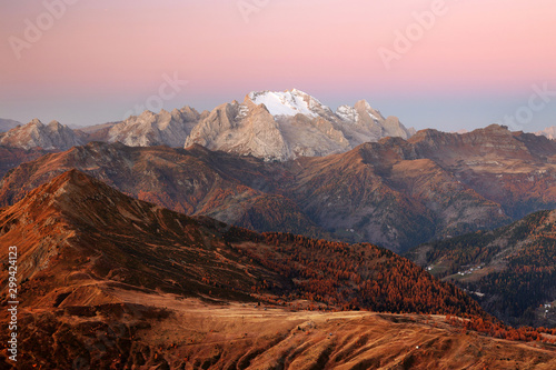 Colorful sunrise over Marmolada Peak - 3343meters  the highest mountain in the Dolomites  Italy