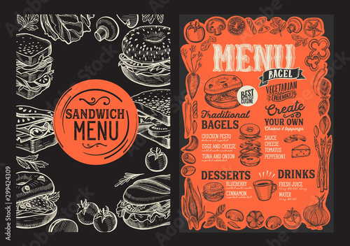 Bagel and sandwich menu food template for restaurant with doodle hand-drawn graphic.