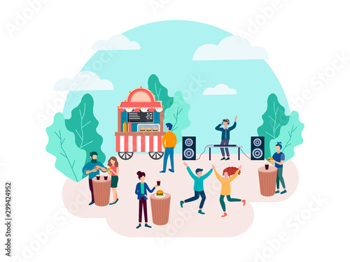 Food truck with fast food, street food, hamburgers in the park