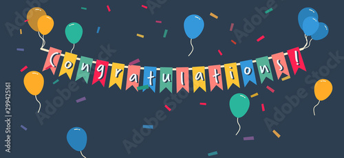 Congratulations banner garland with colorful balloons and confetti, simple flat vector illustration on dark background