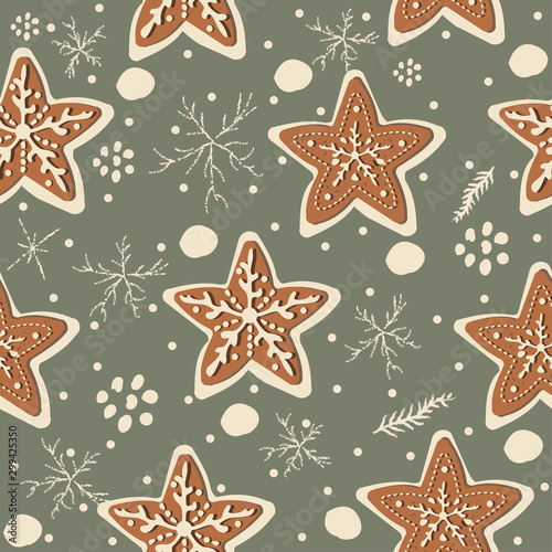 Cute Winter Seamless Pattern with gingerbread cookies. Vector Illustration.