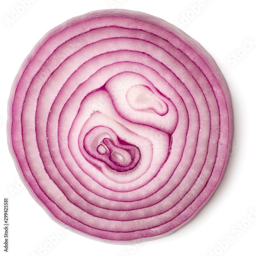 Slice of red Onion isolated over white background. Top view, flat lay..