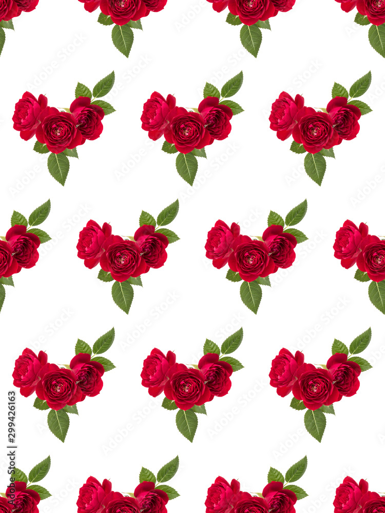 red rose flower bouquet with green leaves isolated over white background cutout. Floral seamless pattern..