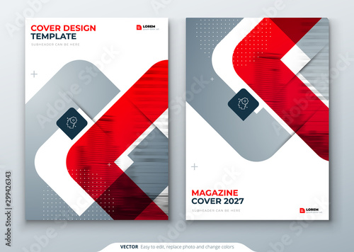 Red Magazine Design. Cover Template for Magazine, Brochure, Report or Catalog. Layout with Bright Color Shapes and Abstract Photo on Background. Modern Magazine Concept