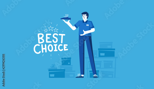 White male seller sells shoes. The inscription - the best choice. Vector flat modern illustration.