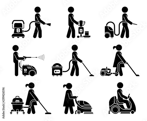 Cleaning service and equipment for cleaning homes and offices. Set of icons which represent people using various types of cleaning service tools.