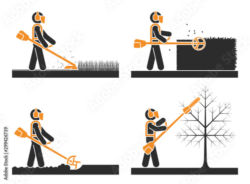Pictogram icon set presenting different type of trimmer. Cordless Grass Trimmer Cutter Mower Weed Lawn Cutting Garden Edging Ties Tool.
