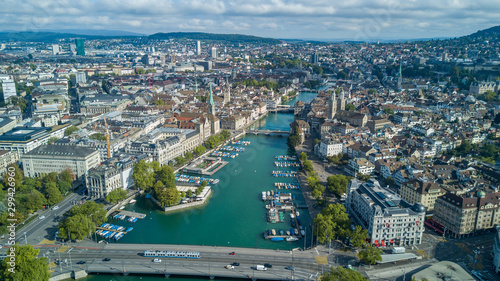 Beautiful aerial drone view of Zurich city and lake, during summer time, in Switzerland photo