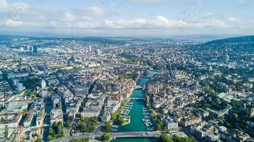 Aerial drone view of Zurich city and lake, during summer time, in Switzerland