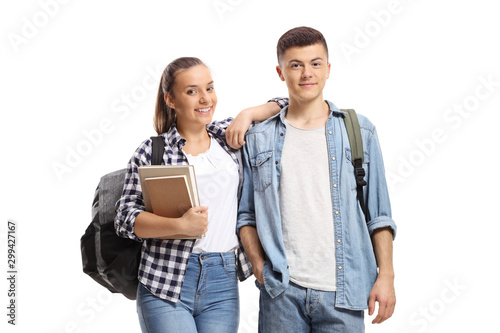 Canvastavla Two students with books and backpacks