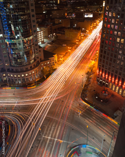 Obraz na plátně Aerial view of Winnipeg's iconic intersection, Portage and Main at night, with l