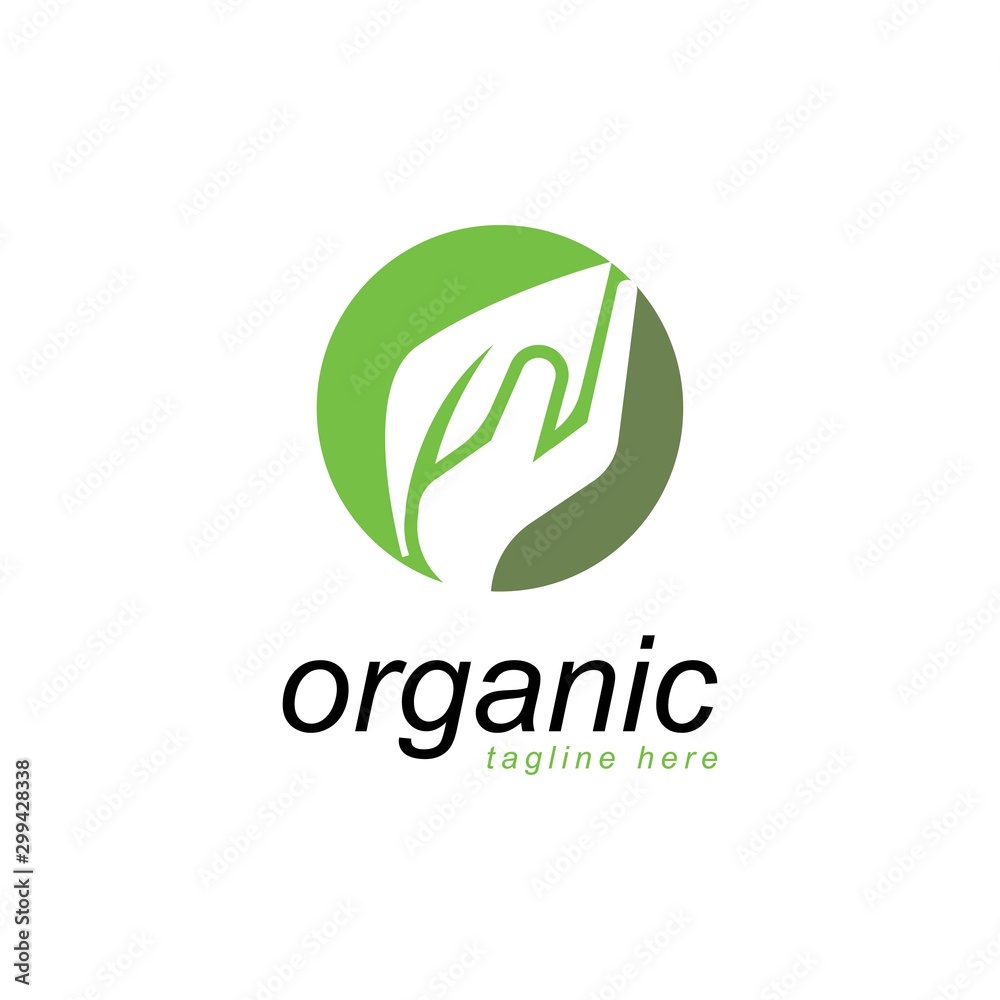 Organic logo design vector template.Hand with leaf symbol in circle Organic logo design vector template.Hand with leaf symbol in circle
