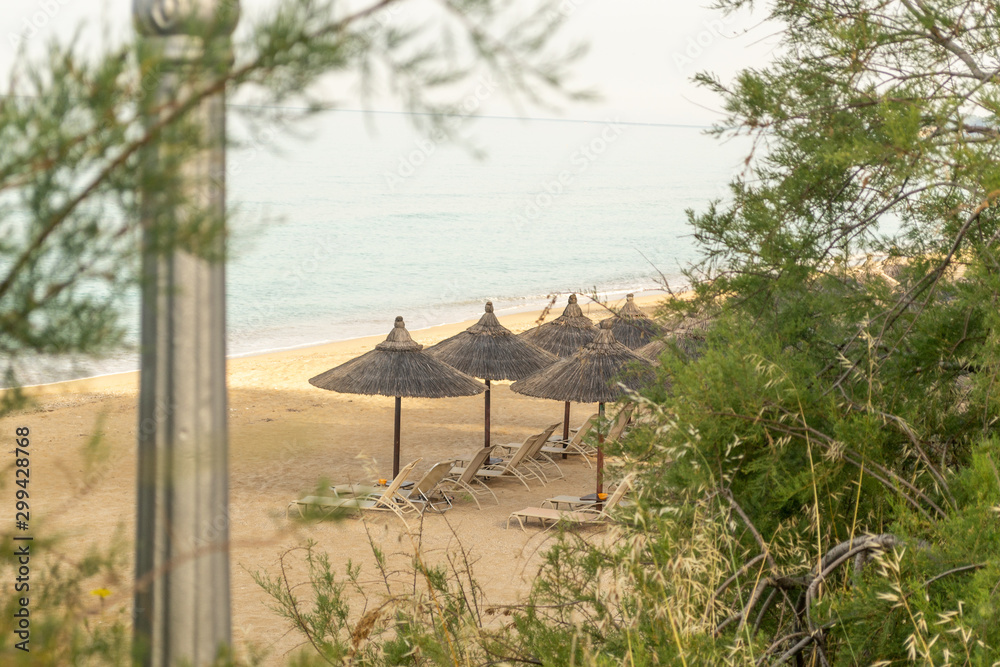 Beach chairs and umbrellas through the wood Beach chairs and umbrellas through the wood
