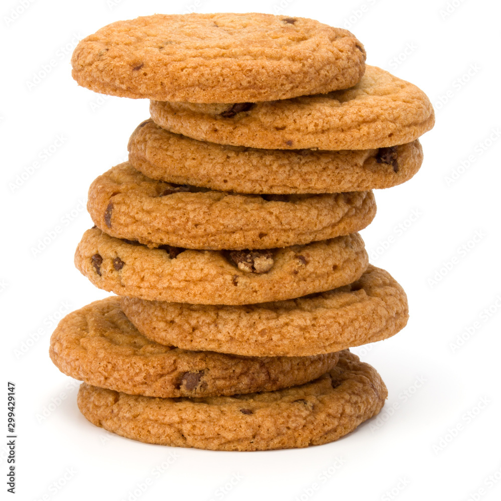 Stacked Chocolate chip cookies isolated on white background. Sweet ...