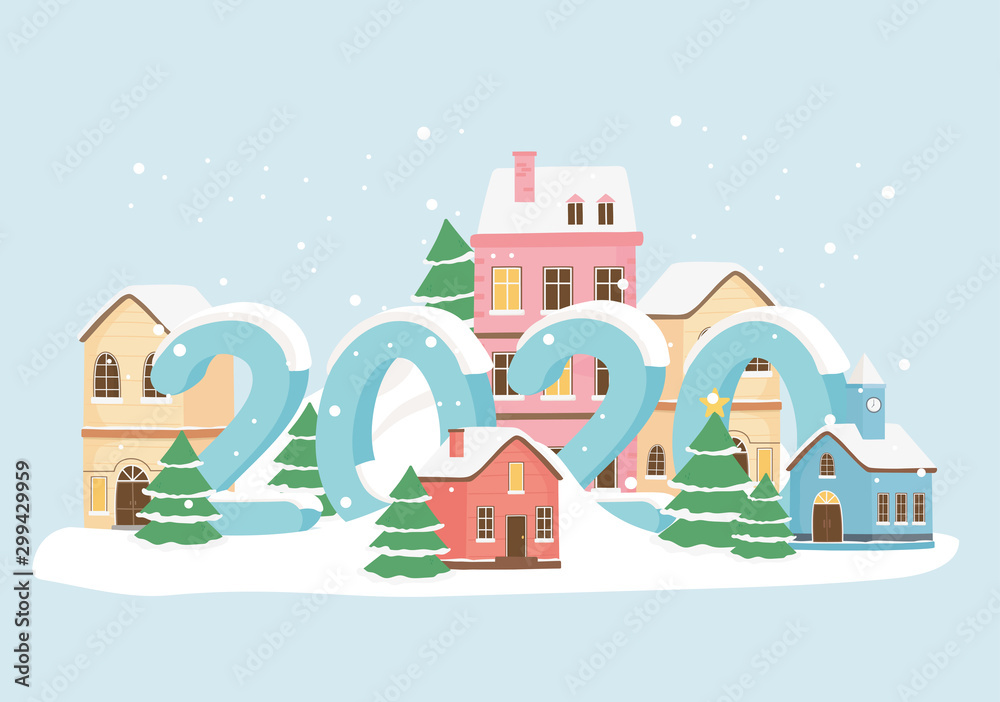 new year 2020 greeting card village houses snow