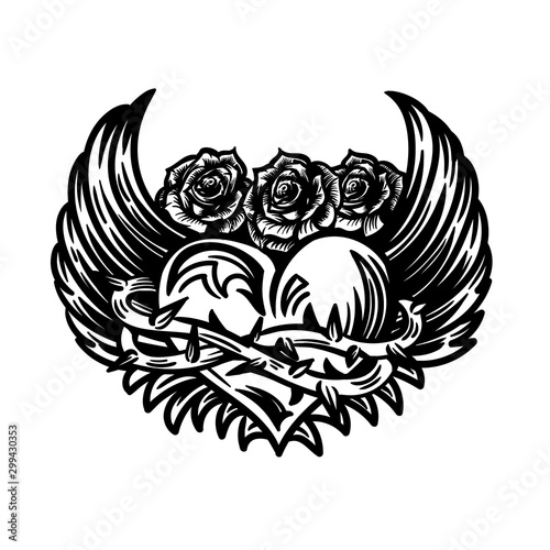 Vector hand dawn black and white illustration of heart with wings and roses in the engraving tattoo style isolated on white background. 