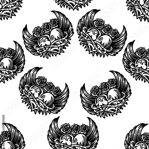 Vector hand dawn black and white seamless pattern of heart with wings and roses in the engraving tattoo style isolated on white background. 