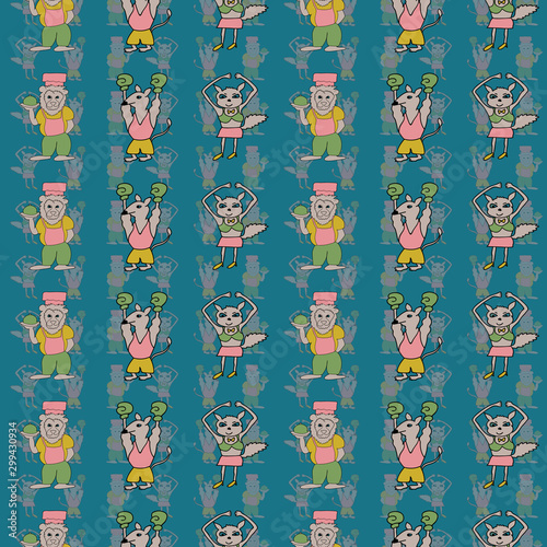 Vector indigo vertical anthropomorphic cartoon characters seamless pattern background