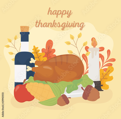 happy thanksgiving roasted turkey wine acorn corn apple candle foliage celebration