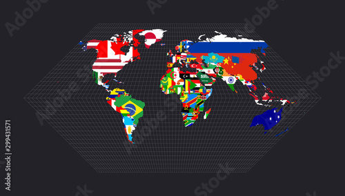 World map with all countries and their flags. Eckert IV projection. Map of the world with meridians on dark background. Vector illustration.