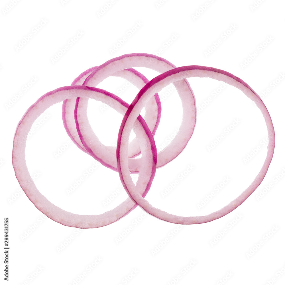 red onion slices isolated on white background. Top view. Flat lay. Red onion slice in air, without shadow. red onion slices isolated on white background. Top view. Flat lay. Red onion slice in air, without shadow.