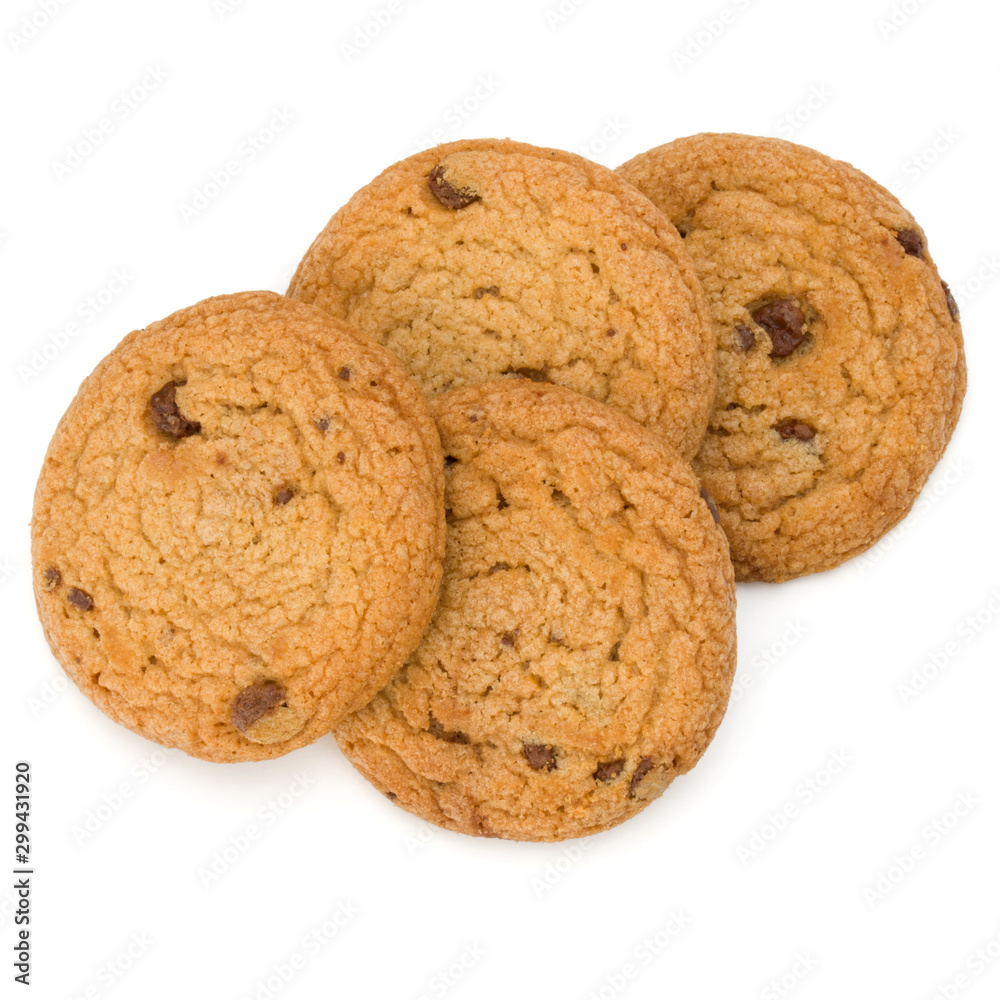 Chocolate chip cookies isolated on white background. Sweet biscuits. Homemade pastry. Chocolate chip cookies isolated on white background. Sweet biscuits. Homemade pastry.